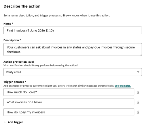 Customer agent action details showing invoice assistance options in HubSpot