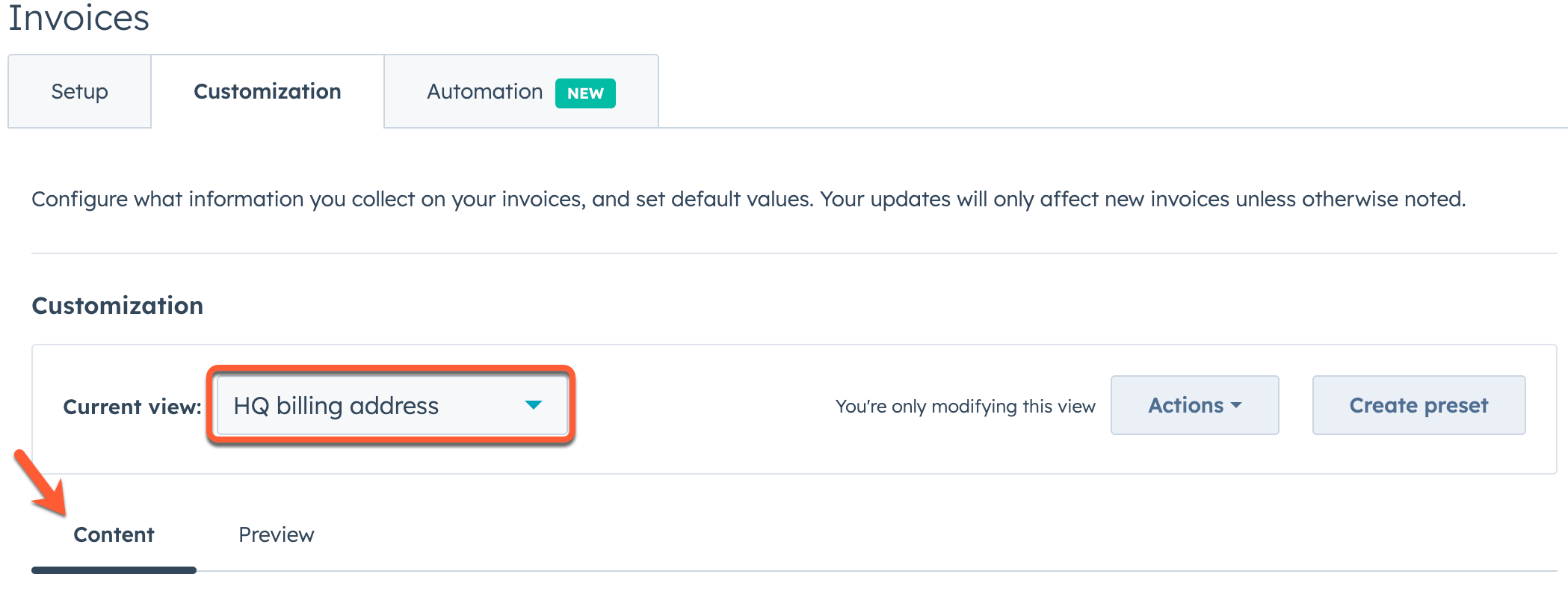 Screenshot of the invoice customization content tab.