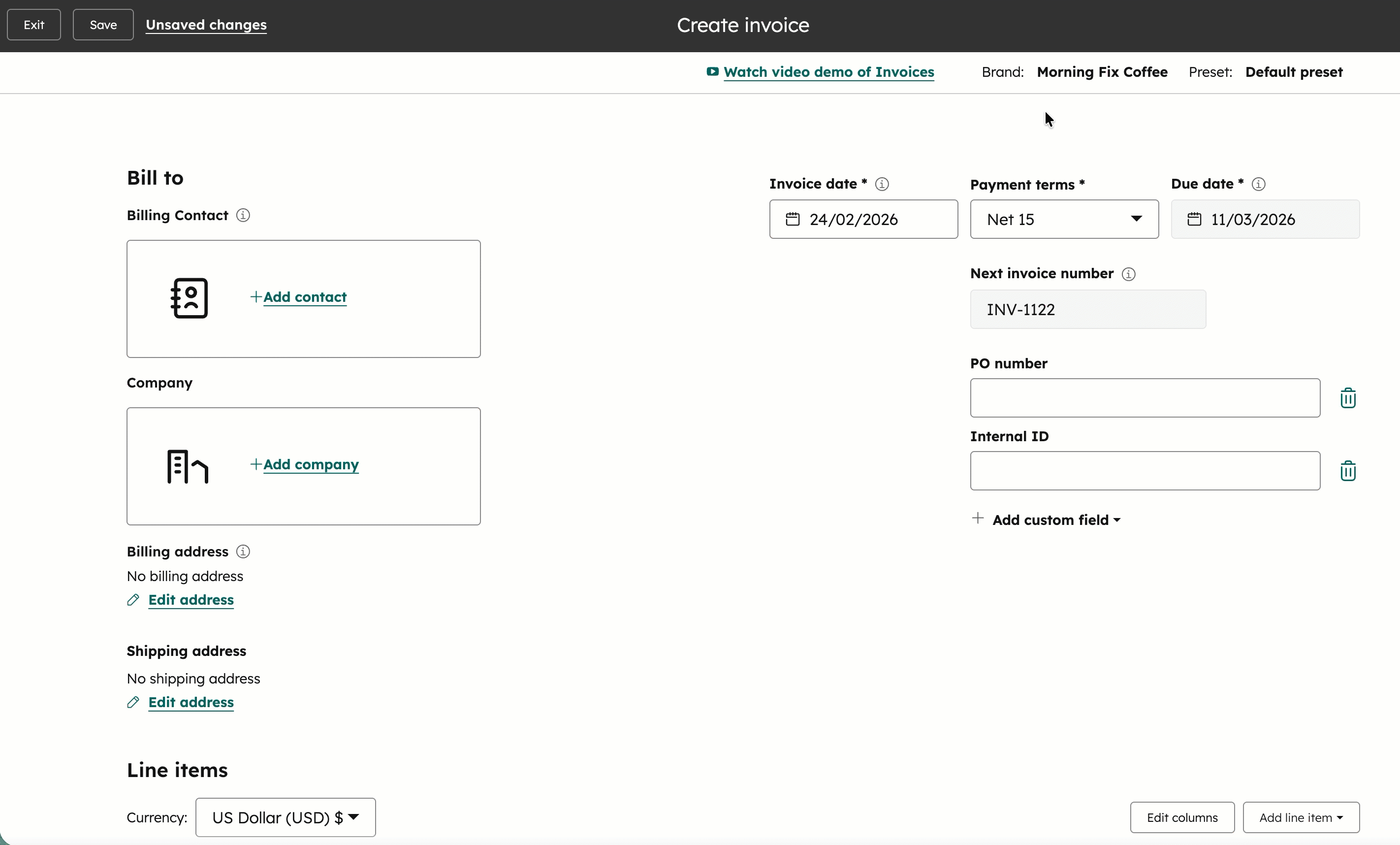 Invoices settings showing the Select brand dropdown menu in HubSpot