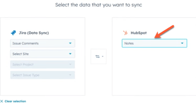 screenshot showing how to sync Issue comments in JIRA to HubSpot Notes