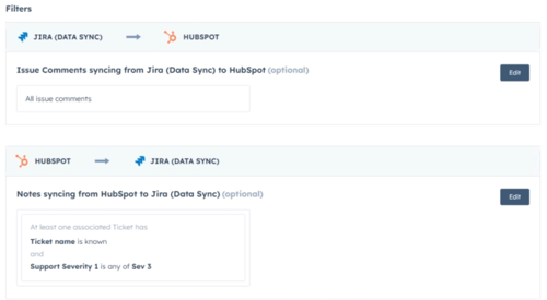 screenshot showing how to apply further filters to the sync between JIRA and HubSpot