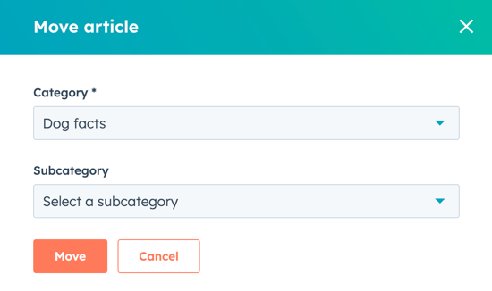 A dialog box titled "Move article" is displayed. It contains a required dropdown menu labeled "Category ". Below it, there's another dropdown menu labeled "Subcategory" with "Select a subcategory" as the placeholder text. At the bottom of the modal, there are two buttons:  "Move" button and a "Cancel" button.
