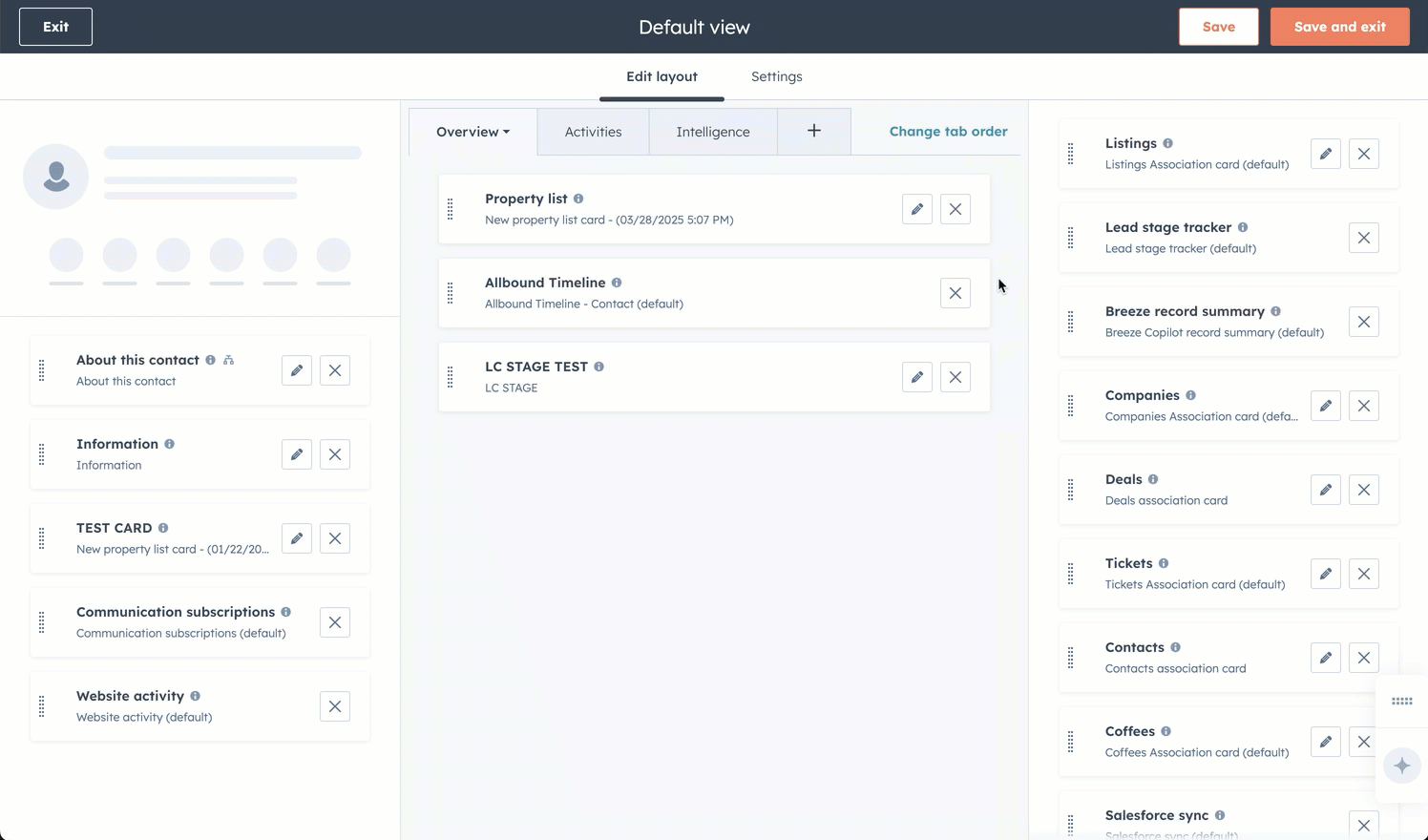 GIF image displaying the HubSpot record editor. The user opens a right side panel to create two cards. The user proceeds through setup of various options for both cards.