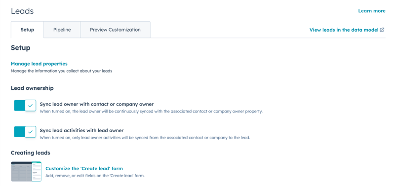 Screenshot of Leads settings with tabs for 'Setup', 'Pipeline', and 'Preview Customization'. The 'Setup' tab is selected, showing options for managing lead properties, lead ownership and activity toggle switches, and a 'Create leads' form customization link.