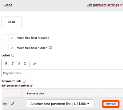 支払いリンクと1つのリンクの[削除]オプションを表示する従来のフォームエディター。
