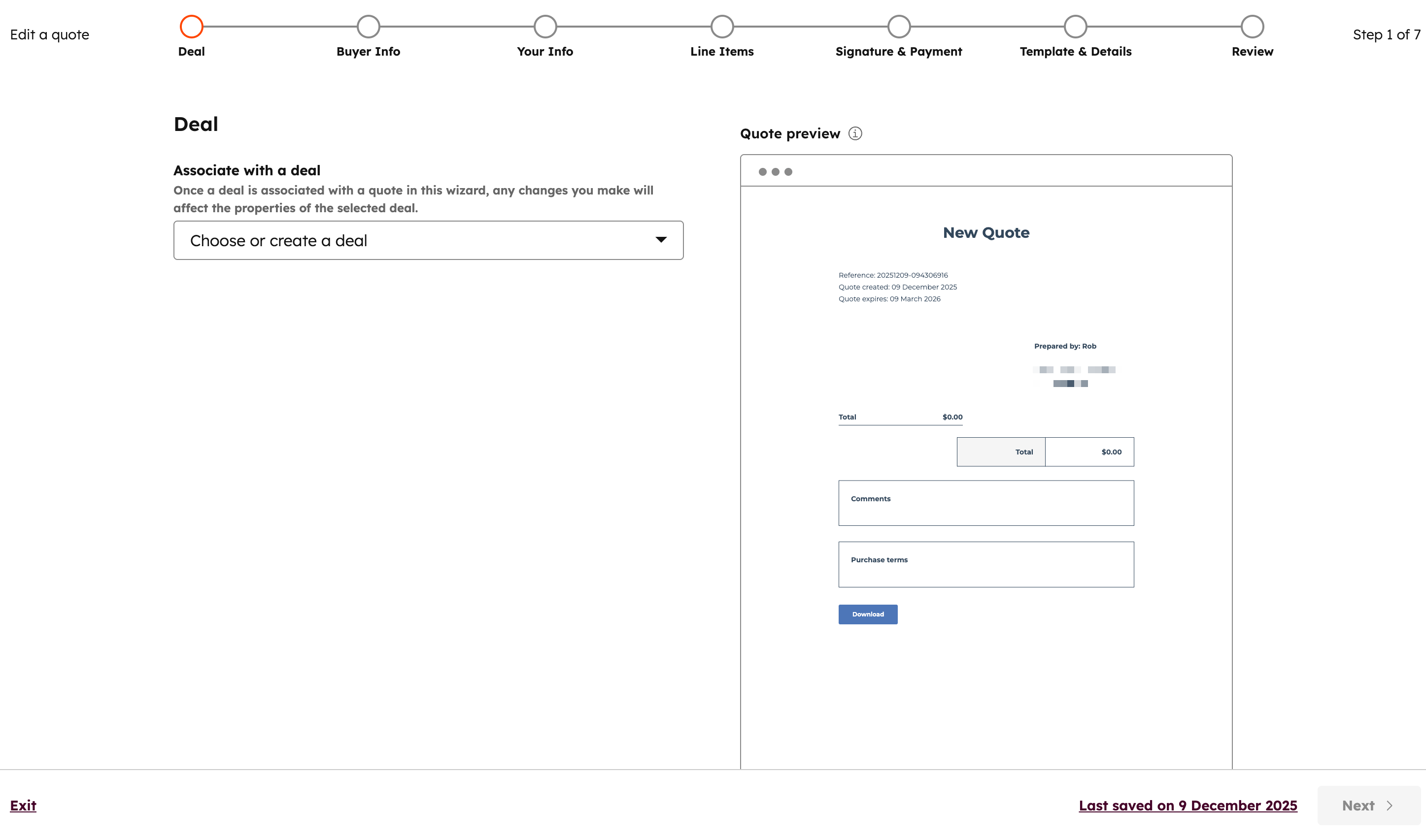 Captura de tela do editor de orçamento herdado no HubSpot mostrando uma interface do construtor de orçamento com várias guias.
