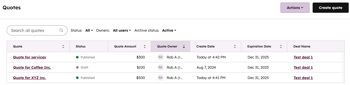 Legacy quotes index page in HubSpot showing a list of quotes with status and details