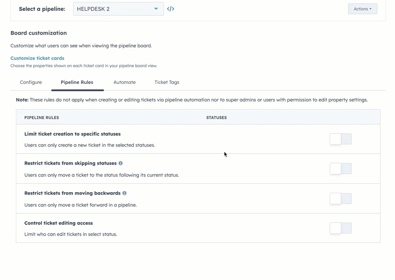 Imagem GIF mostrando as configurações da pipeline de tickets. O usuário ativa ou desativa uma opção para restringir o acesso à edição do ticket. Um painel direito é exibido e o usuário faz alterações para permitir um usuário "Drew testing".
