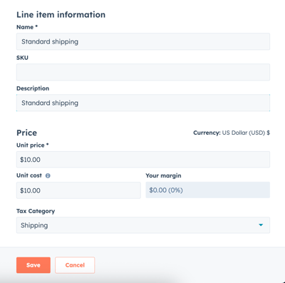 Creating a shipping product in HubSpot with the tax category set to Shipping.