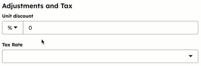 A GIF showing the Adjustments and Tax section of the invoice. The cursor clicks the Unit discount dropdown menu, selects USD (currency) and enters a value of $20.
