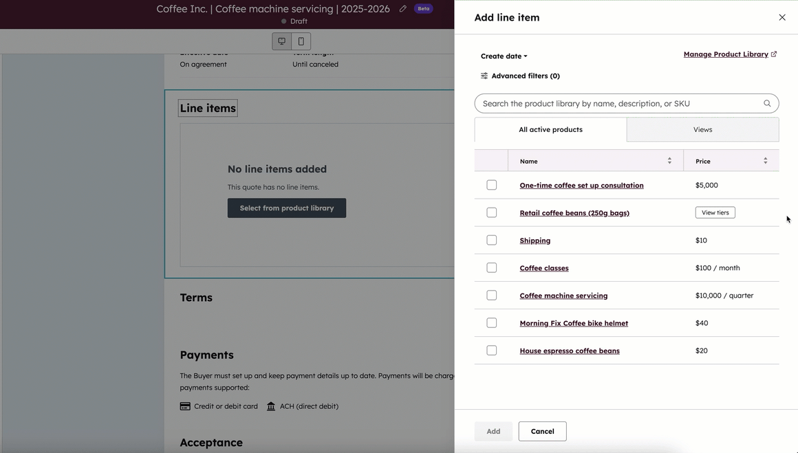 Animated GIF showing a user clicking 'View tiers' to see the pricing structure of a product before adding it to a quote.