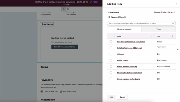 Animation of a user clicking View tiers to see product pricing levels before adding them to a quote.
