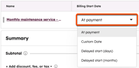 Line item billing start date field shown in HubSpot, allowing users to set when billing begins for a quote item