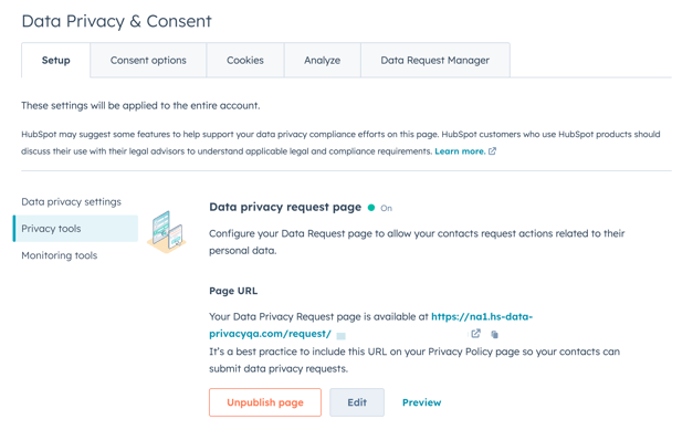 manage published data privacy page