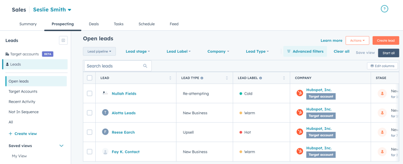 Sales workspace, on the "Prospecting" tab. The main panel displays "Open leads" in a table format with columns. At the top, filter options like "Lead pipeline," "Lead stage," "Lead Label," "Company," and "Lead Type" are present, along with "Advanced filters," "Clear all," "Save view," "Start all," "Actions," and "Create lead" buttons.
