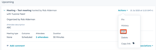 A screenshot showing the Edit option in the Actions menu in the upper right of a meeting activity, on a contact record