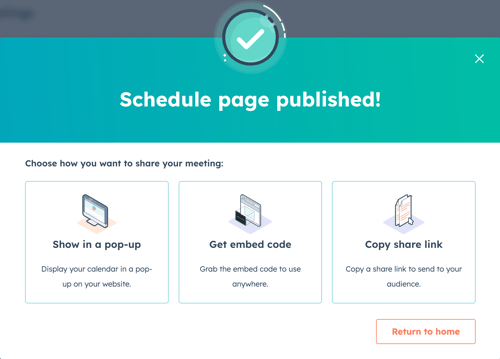 The 'Share your meeting' dialog box in HubSpot with options to show in a pop-up, get embed code, or copy the share link.
