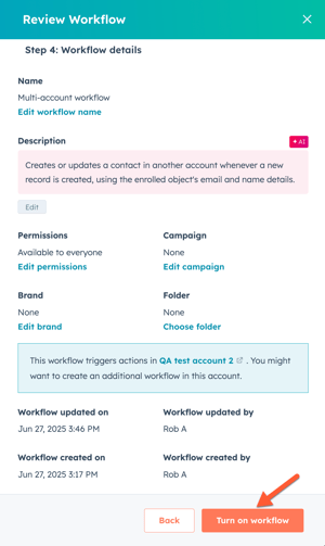 Review and publish screen for a multi-account workflow in HubSpot.