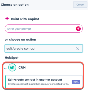 The edit/create contact in another account workflow action in HubSpot.