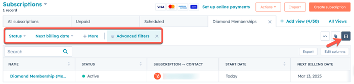 Screenshot of the HubSpot subscription index page, highlighting the 'Next billing date' filter.