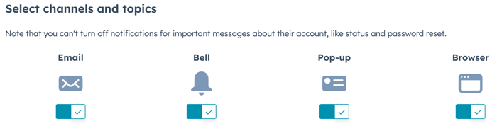 Notification channel options including Email, Bell, Pop-up, and Browser, with toggle switches to turn them on or off.