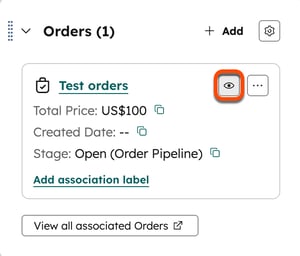 Vista previa de la tarjeta de pedidos que muestra los detalles del pedido, incluida la información del cliente, la cantidad total y el estado del pedido.