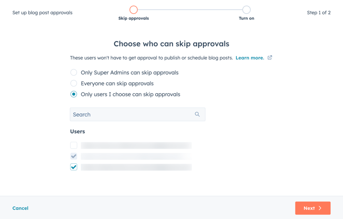 Manage approval settings, showing the option to select the users that can skip approvals.