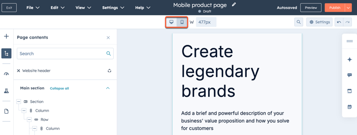 Content editor showing option to toggle between editing for mobile or desktop devices.