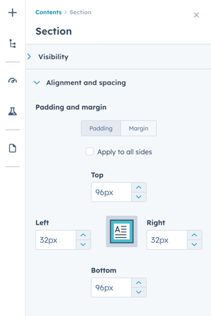 Content editor alignment and spacing settings, showing options to customize padding and margin for a page element.