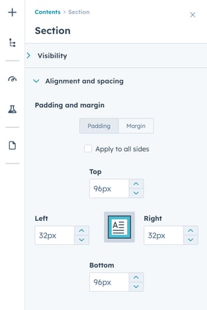 Content editor alignment and spacing settings, showing options to customize padding and margin for a page element.