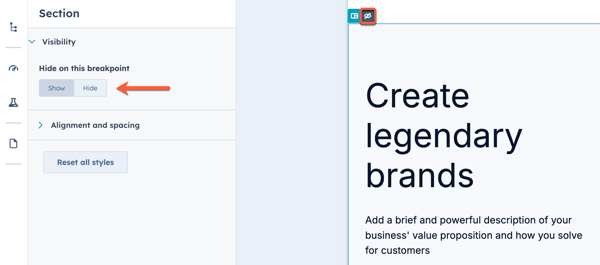 Content editor visibility settings, showing the option to hide or show an element on a mobile breakpoint.