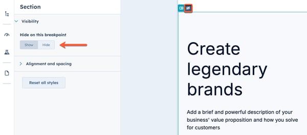 Content editor visibility settings, showing the option to hide or show an element on a mobile breakpoint.