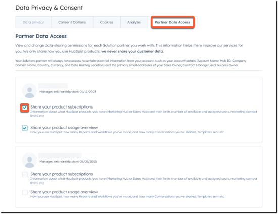 Screenshot of the Partner Data Access tab and the Share your product subscriptions checkbox