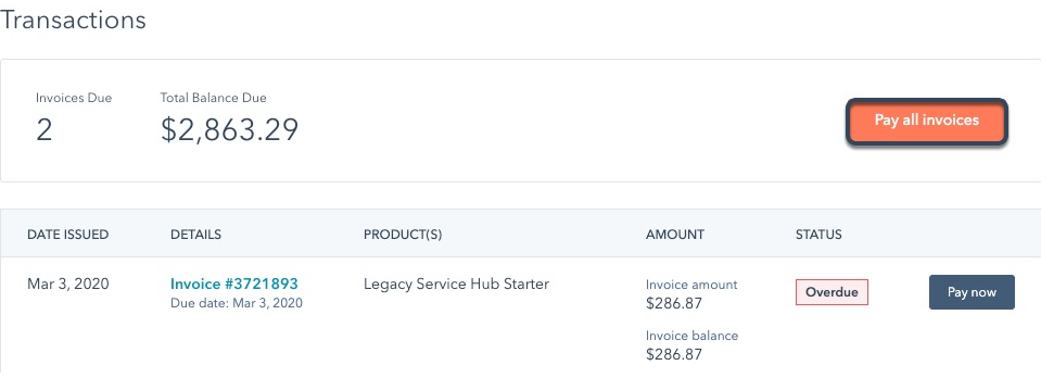 screenshot showing the Pay all invoices button in HubSpot