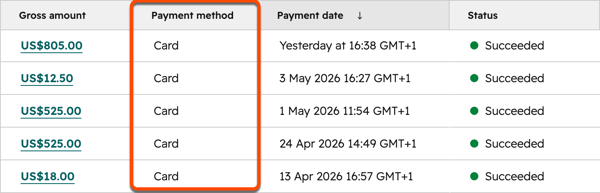 Payment methods section on the payments index page