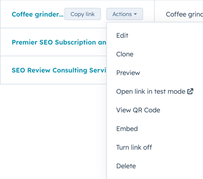 The 'Actions' dropdown menu for a payment link, showing options like Edit, Clone, Preview, and Delete.