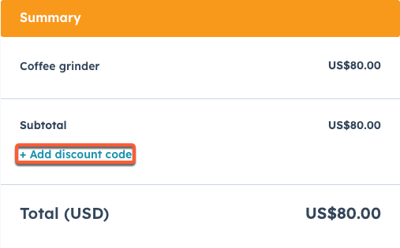 HubSpot payment link checkout preview page showing the '+ Add discount code' button for customers to apply discounts.