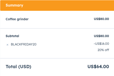 HubSpot payment link checkout page with a discount code applied, showing original price, discount amount, and final price.