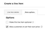 More options tab in the custom line item editor highlighting optional line item and customer-set price settings.