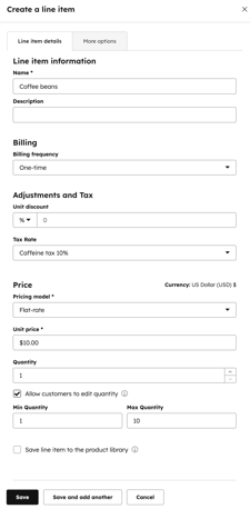 Custom line item editor in a HubSpot payment link showing line item details, billing, tax, price, and quantity fields.