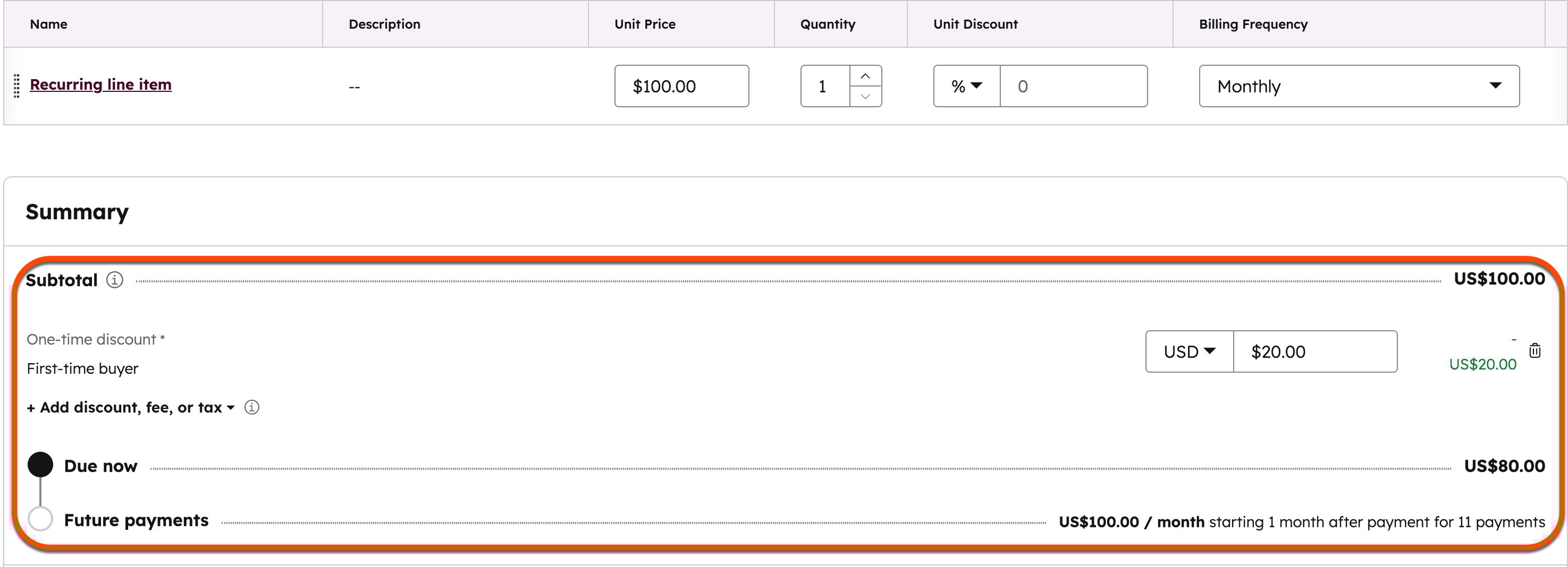 Zahlung Linkzusammenfassung mit einem einmaligen Rabatt, der auf einen wiederkehrenden Artikel angewendet wird, wodurch die anfängliche Zahlung Betrag reduziert wird.