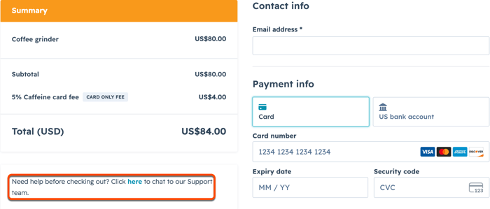 Payment link checkout page showing customizable checkout text displayed to buyers.