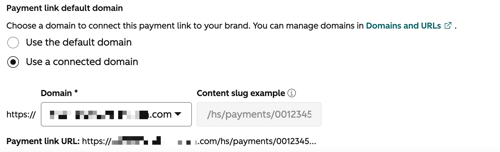 Payment link domain settings showing the default domain selected for hosting payment links.