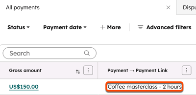 Payments index page showing associated payment links and related records in HubSpot.