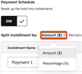 Legacy payment schedule option in HubSpot showing amount and percentage fields for a scheduled quote payment