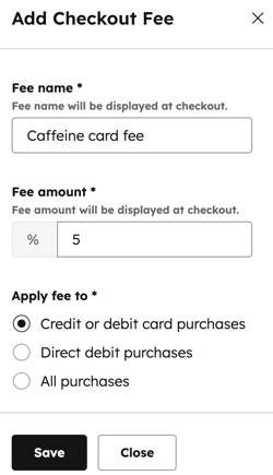 The 'Add fee' dialog box in HubSpot payments, with fields for fee name, fee amount, and application options.