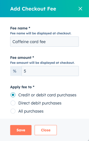 La boîte de dialogue « Ajouter des frais » dans les outils de paiement de HubSpot, avec des champs pour le nom des frais, le montant des frais et les options de demande.