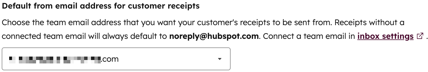 HubSpot支払い設定で[顧客からの領収書の既定の送信者Eメールアドレス]を選択するためのドロップダウンメニュー。