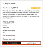 Dispute details card on the payment record, showing Counter dispute and Accept dispute buttons.