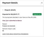 Side panel view of a payment record showing the Dispute details card.